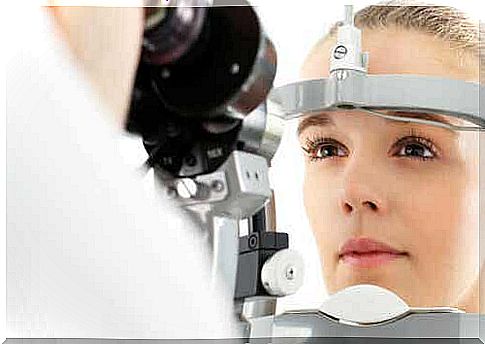 A woman undergoing an eye examination