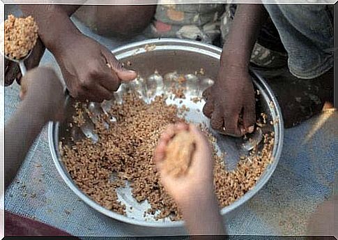 Children eat from the same plate.